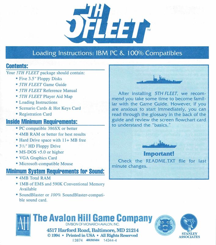 Extras for 5th Fleet (DOS) (CD-ROM release): Loading Instructions - Front