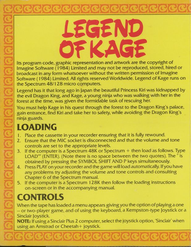 Inside Cover for The Legend of Kage (ZX Spectrum)