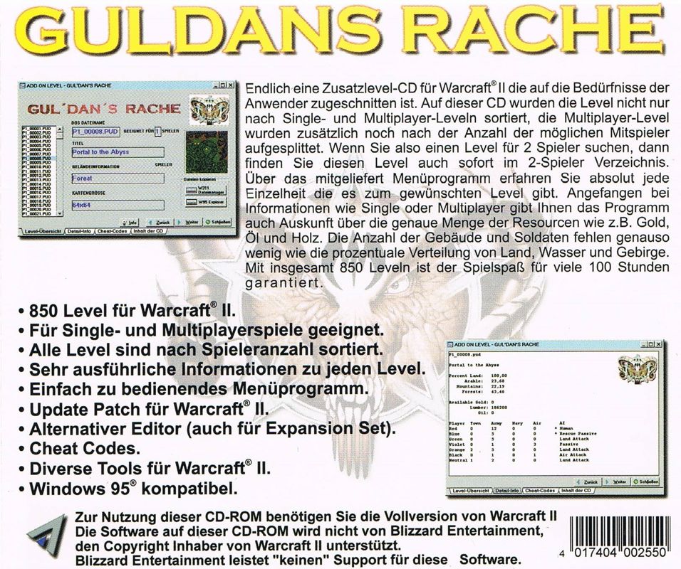 Back Cover for Guldans Rache: 850 Level für Warcraft II (DOS)