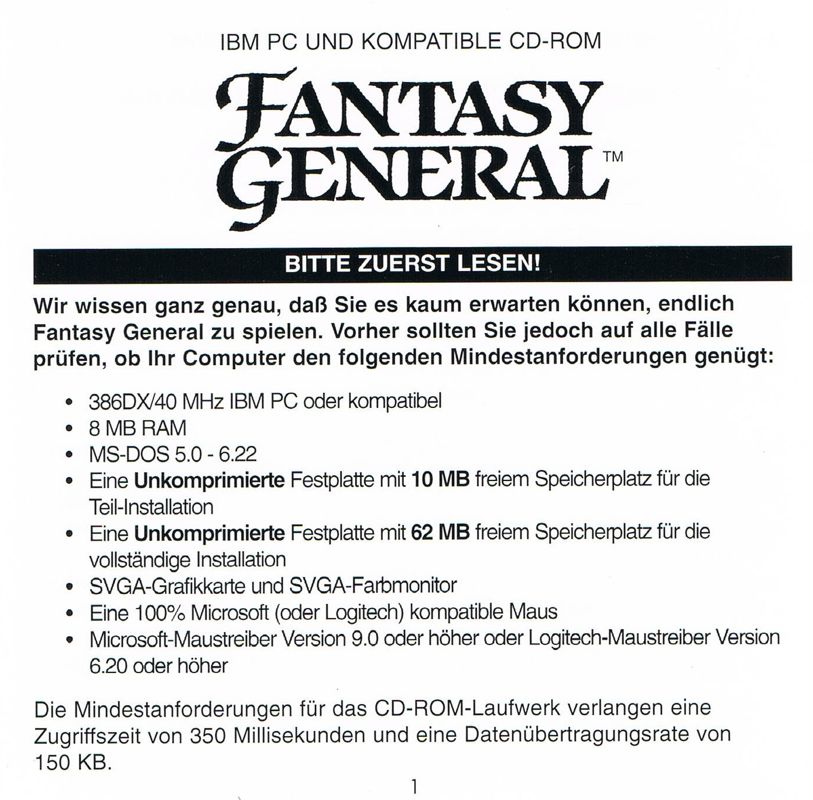 Extras for Fantasy General (DOS): Install Instructions - Front