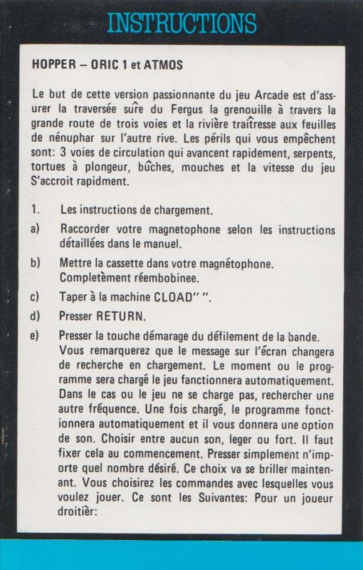 Inside Cover for Hopper (Oric): Inlay 1 (loading instructions)