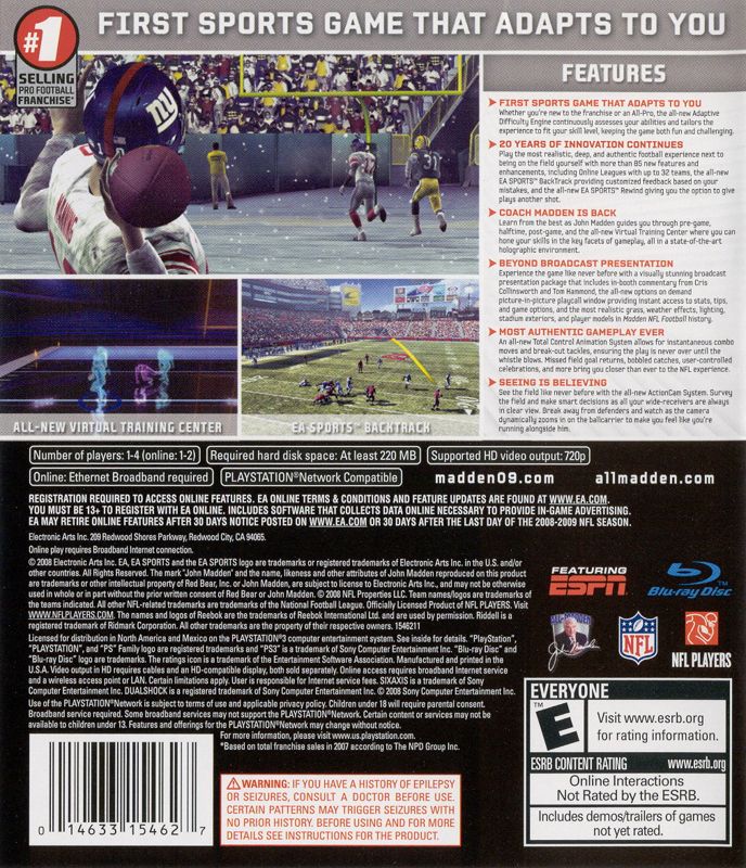 Back Cover for Madden NFL 09 (PlayStation 3)