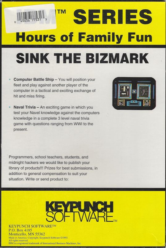 Back Cover for Sink The Bizmark (DOS)