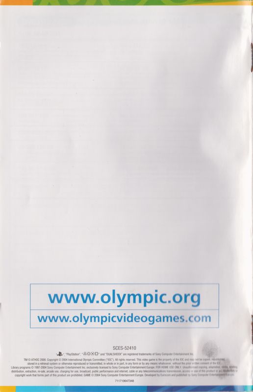 Manual for Athens 2004 (PlayStation 2): Back