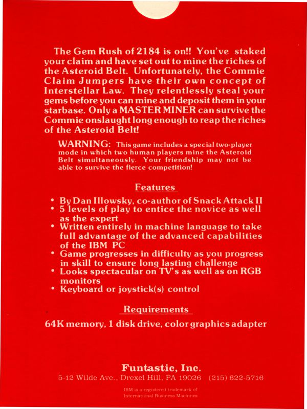Back Cover for Master Miner (PC Booter)