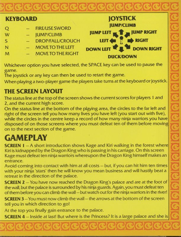 Inside Cover for The Legend of Kage (ZX Spectrum)