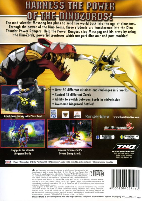 Back Cover for Power Rangers: Dino Thunder (PlayStation 2)