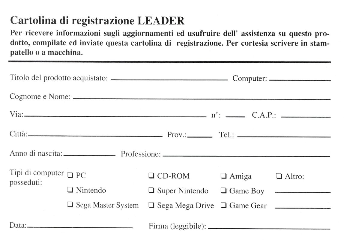 Other for X-COM: Terror from the Deep (DOS): Registration Card - Front