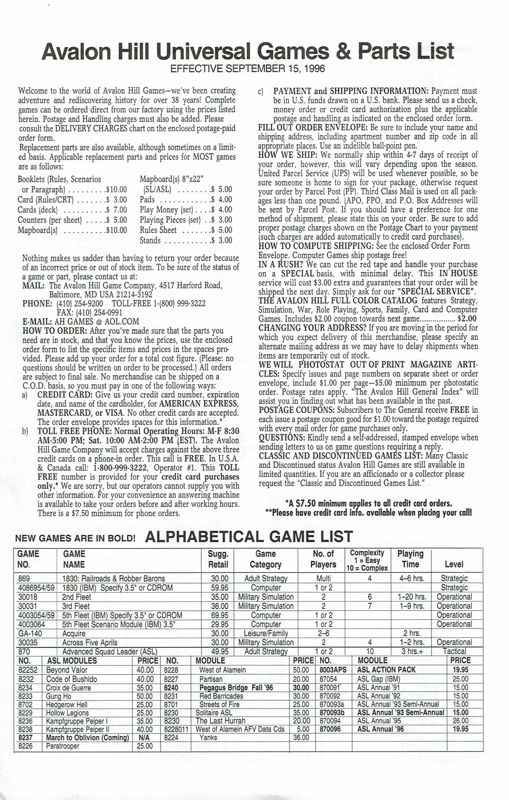 Extras for Third Reich (DOS): Avalon Hill Games & Parts List - Front