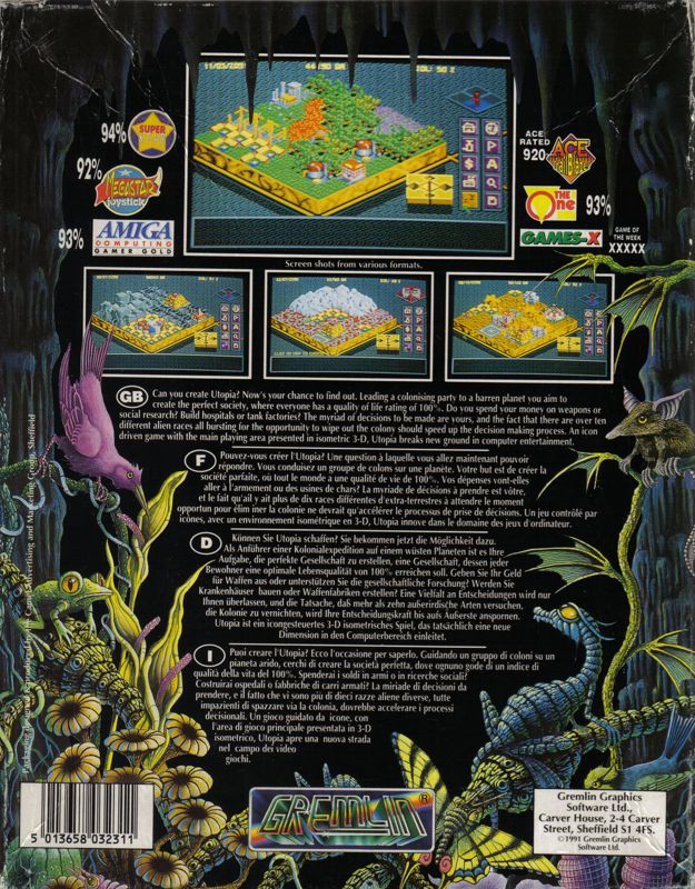 Back Cover for Utopia: The Creation of a Nation (Amiga)