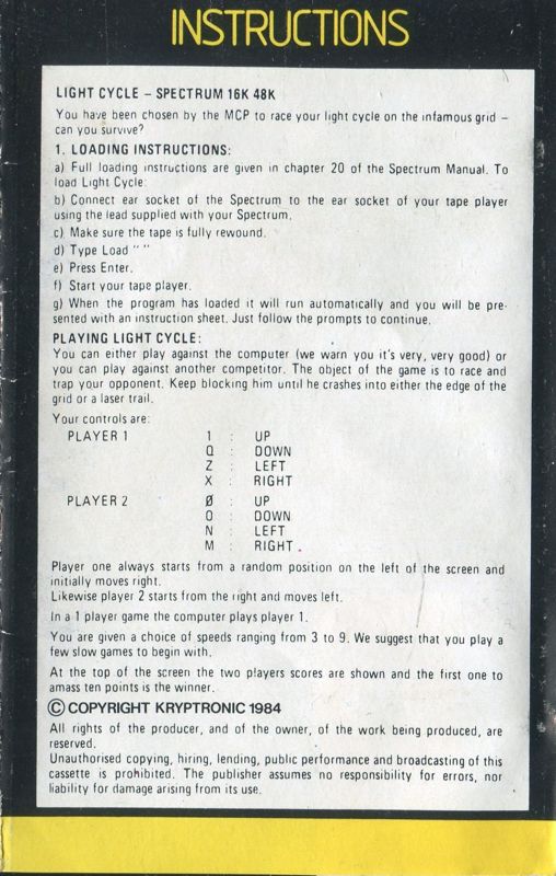 Inside Cover for Light Cycle (ZX Spectrum) (Kryptonic release)