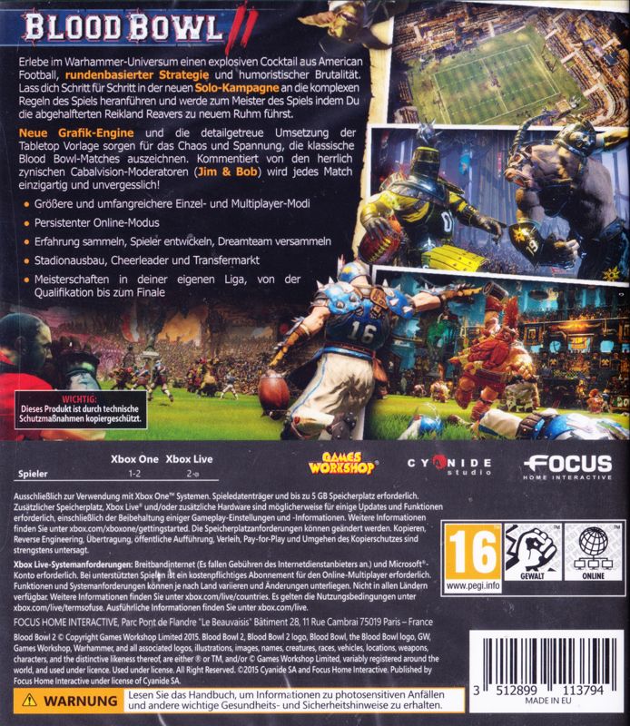Back Cover for Blood Bowl II (Xbox One)