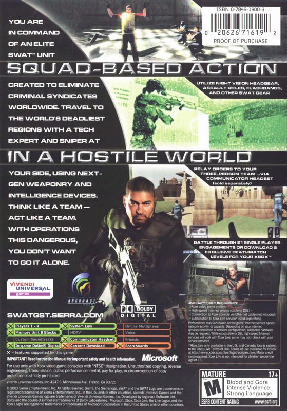 Back Cover for SWAT: Global Strike Team (Xbox)