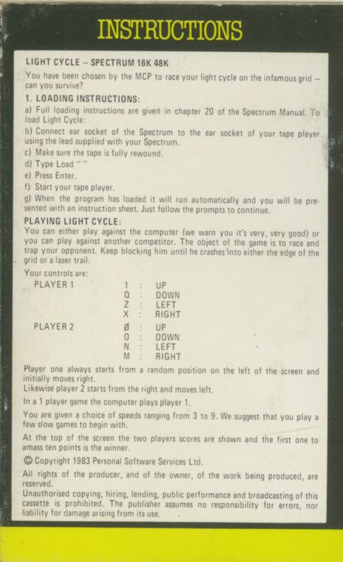 Inside Cover for Light Cycle (ZX Spectrum) (PSS release)