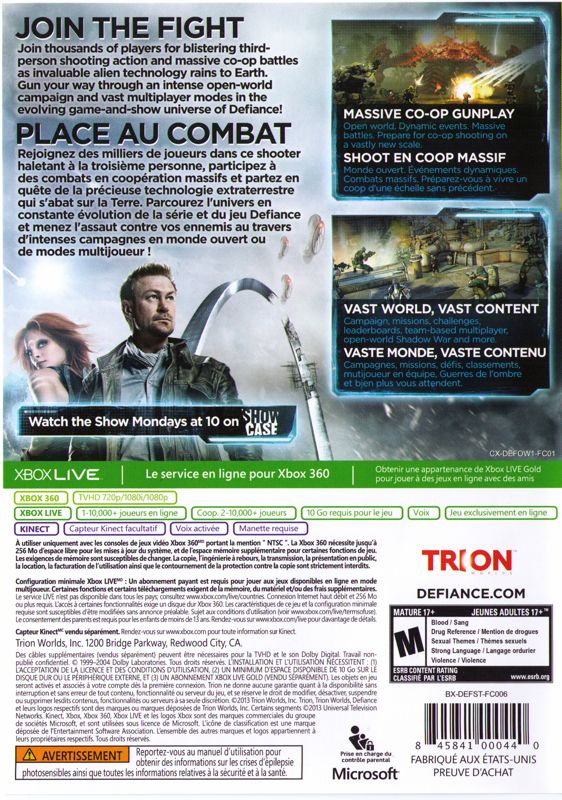 Back Cover for Defiance (Xbox 360)