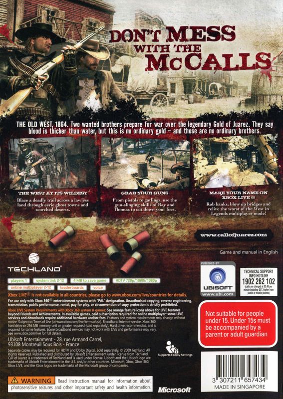 Back Cover for Call of Juarez: Bound in Blood (Xbox 360)