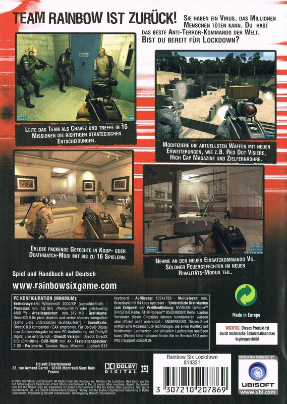 Back Cover for Tom Clancy's Rainbow Six: Lockdown (Windows)