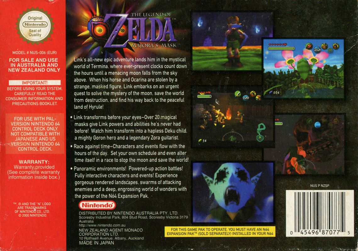 Back Cover for The Legend of Zelda: Majora's Mask (Nintendo 64) (Limited Edition Gold Game Pak)
