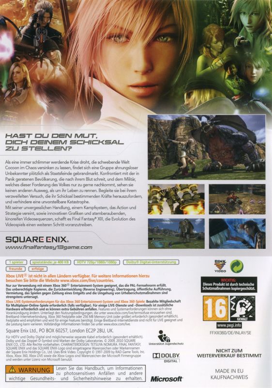 Final Fantasy Xiii Limited Collectors Edition Cover Or Packaging Material Mobygames 7810