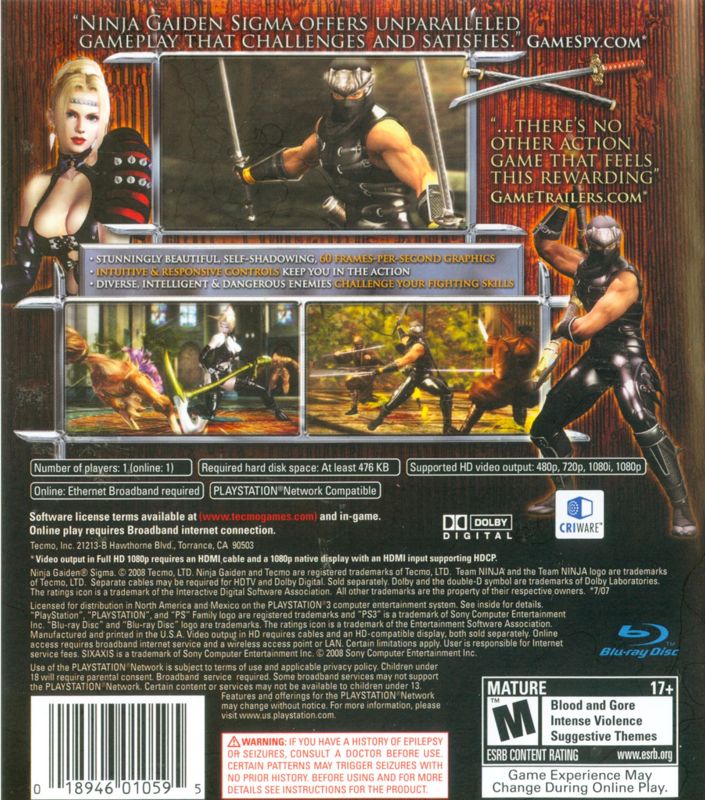 Back Cover for Ninja Gaiden Sigma (PlayStation 3) (Greatest Hits release)