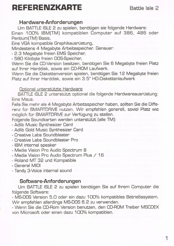 Reference Card for Softwarehits: Made in Germany '94 '95 (DOS): Battle Isle 2200 - Front