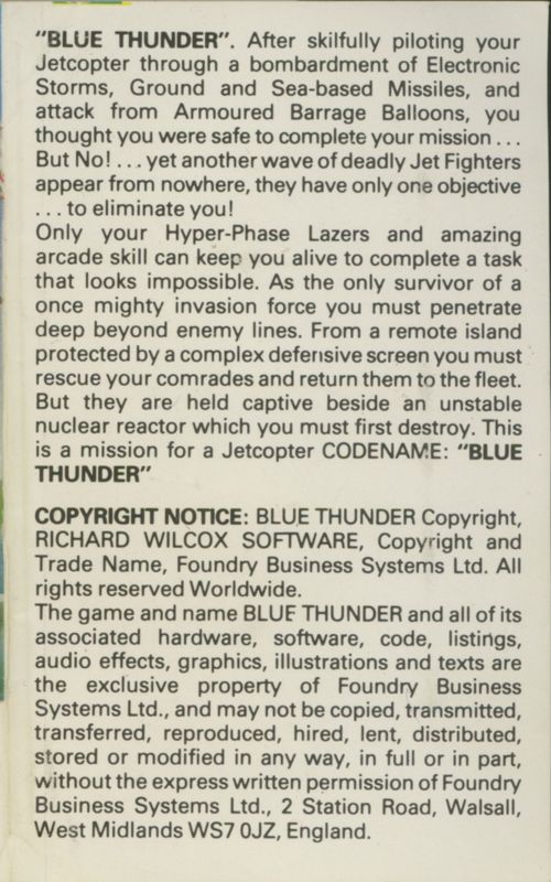 Inside Cover for Blue Thunder (ZX Spectrum)