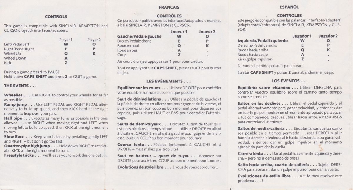 Inside Cover for BMX Freestyle (ZX Spectrum)