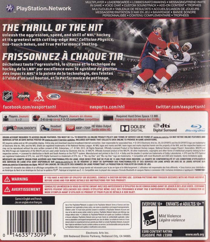 Back Cover for NHL 14 (PlayStation 3)