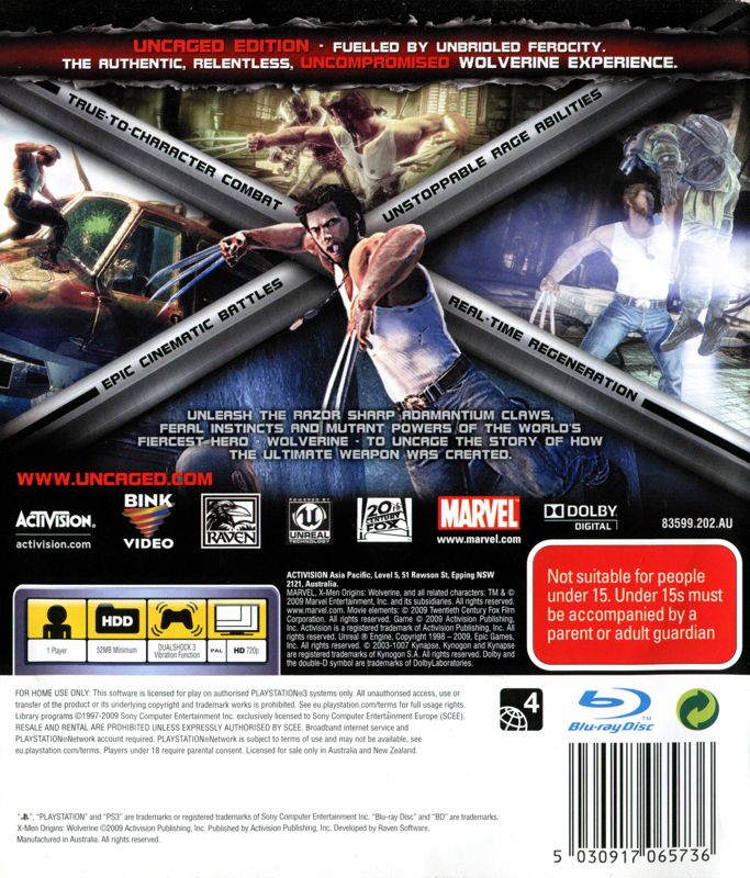 Back Cover for X-Men Origins: Wolverine - Uncaged Edition (PlayStation 3)