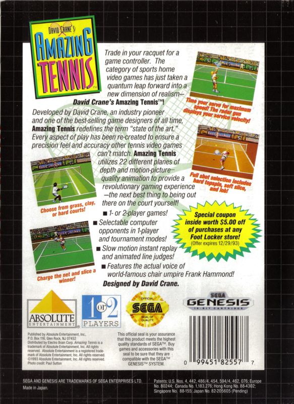 Back Cover for David Crane's Amazing Tennis (Genesis)