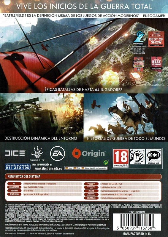 Back Cover for Battlefield 1 (Windows)