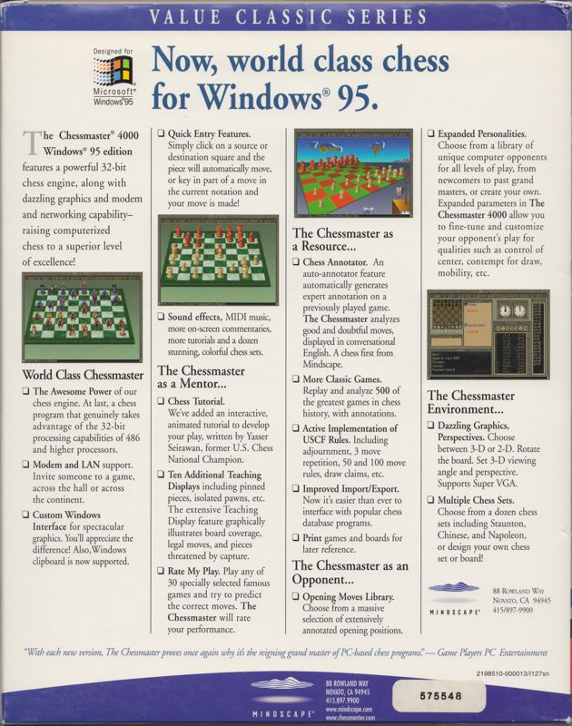 Back Cover for The Chessmaster 4000 Turbo (Windows) (Windows 95 Edition)