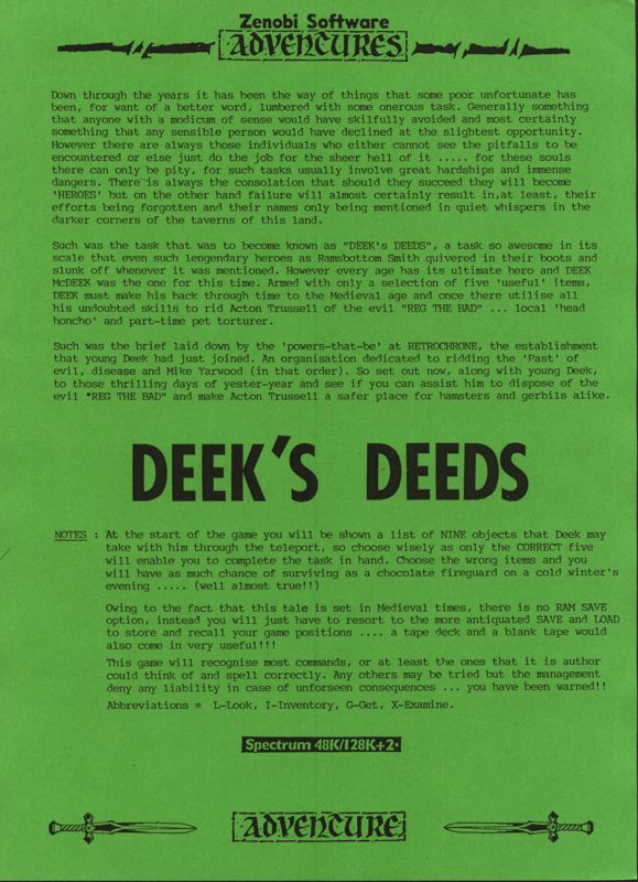 Extras for Deek's Deeds (ZX Spectrum): Zenobi Software release