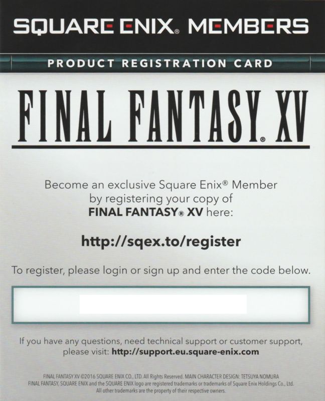 Extras for Final Fantasy XV (PlayStation 4) (Day One Edition Release): Product Registration Code - Front