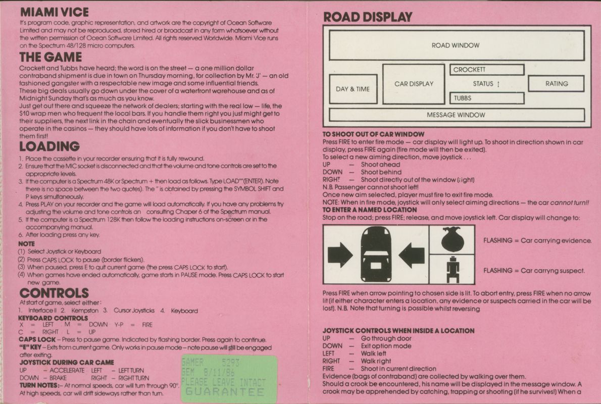 Inside Cover for Miami Vice (ZX Spectrum)