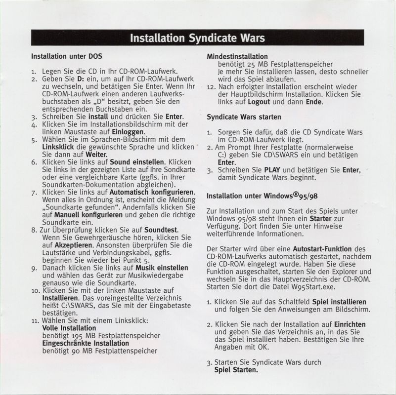 Inside Cover for Syndicate Wars (DOS) (Green Pepper release (#67))