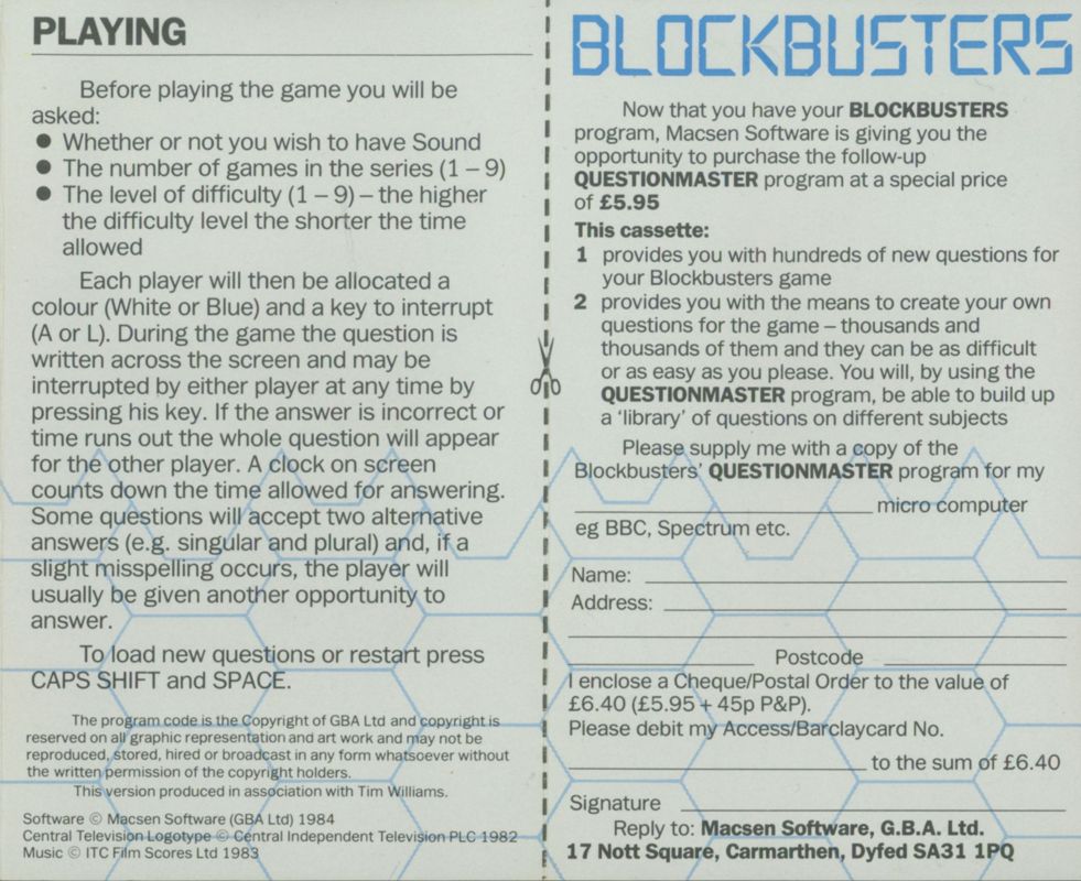 Inside Cover for Blockbusters (ZX Spectrum)