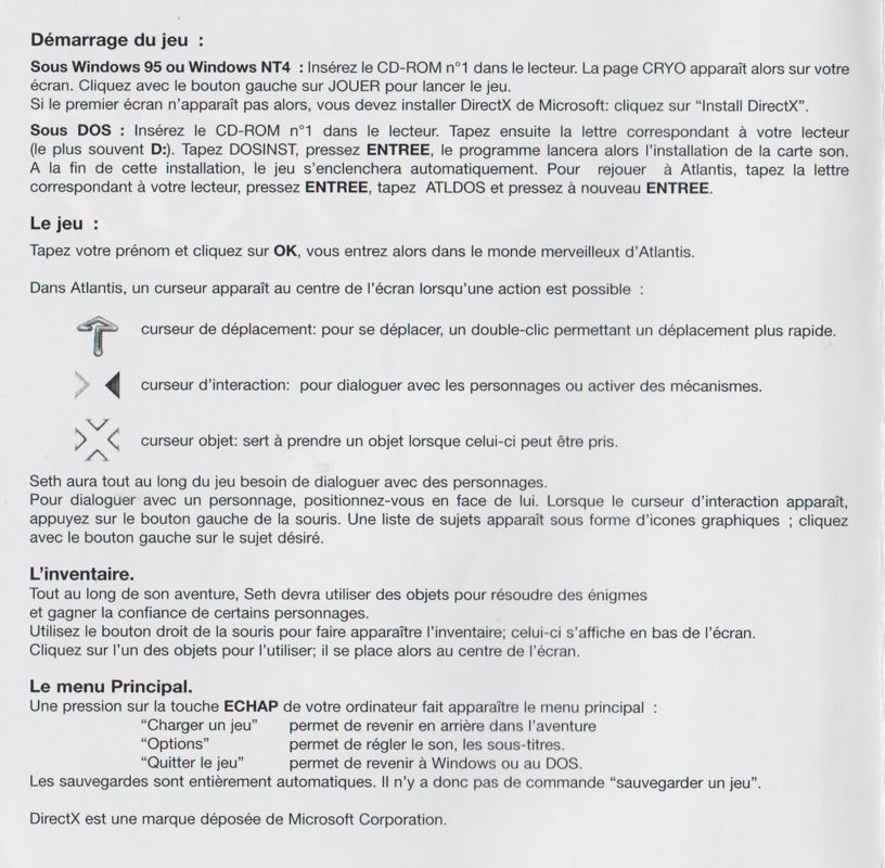 Other for Atlantis: The Lost Tales (DOS and Windows): Quick Start Guide - in French