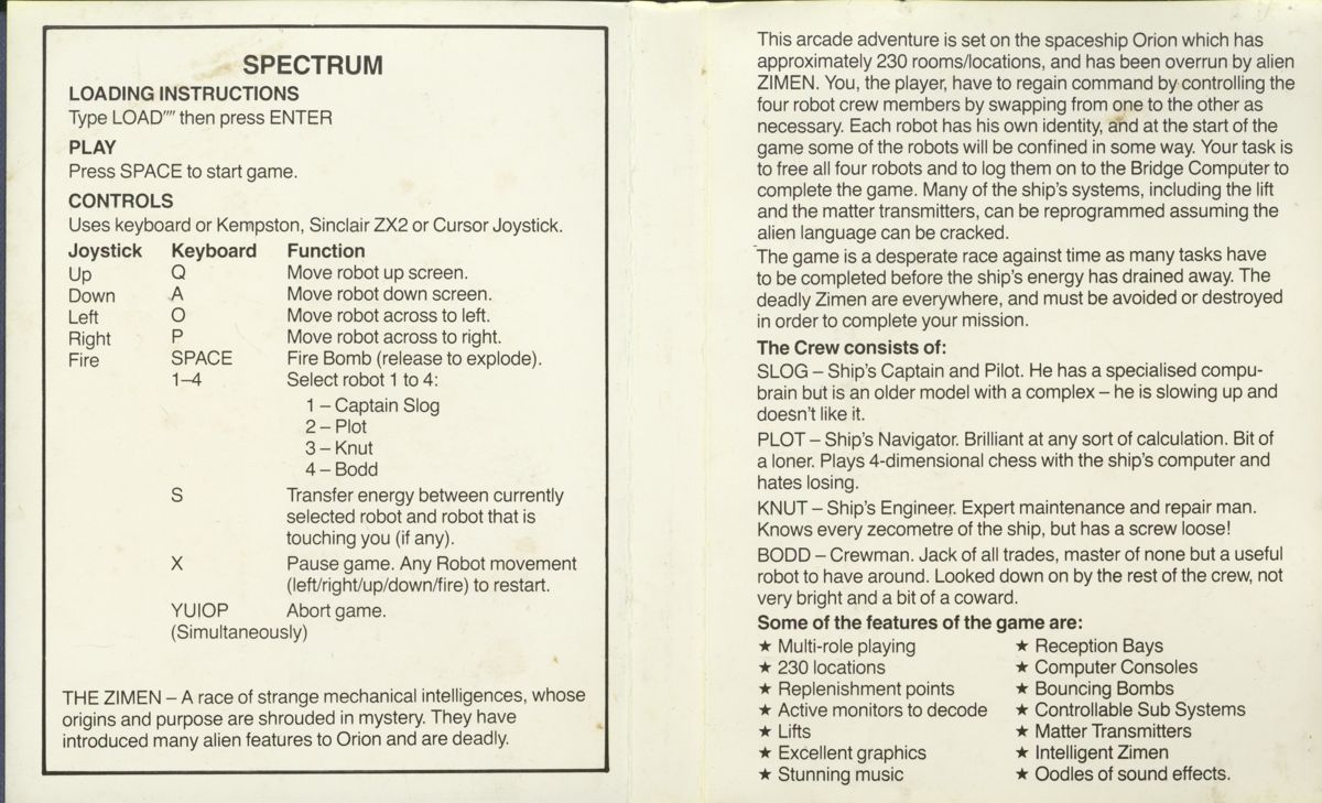 Inside Cover for The Fifth Quadrant (ZX Spectrum)