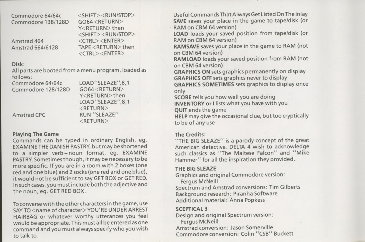 Inside Cover for The Big Sleaze (ZX Spectrum)