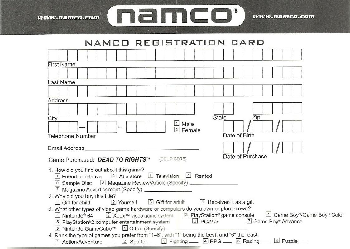 Extras for Dead to Rights (GameCube): Namco Registration Card