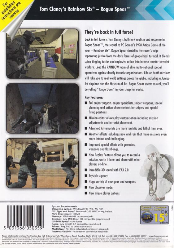 Back Cover for Tom Clancy's Rainbow Six: Rogue Spear (Windows) (Revival Multimedia release)