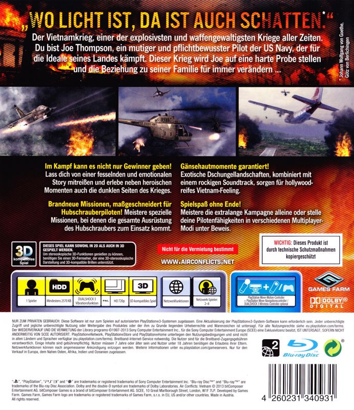 Back Cover for Air Conflicts: Vietnam (PlayStation 3)