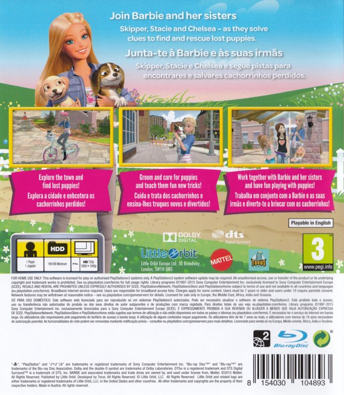 Back Cover for Barbie & Her Sisters: Puppy Rescue (PlayStation 3)