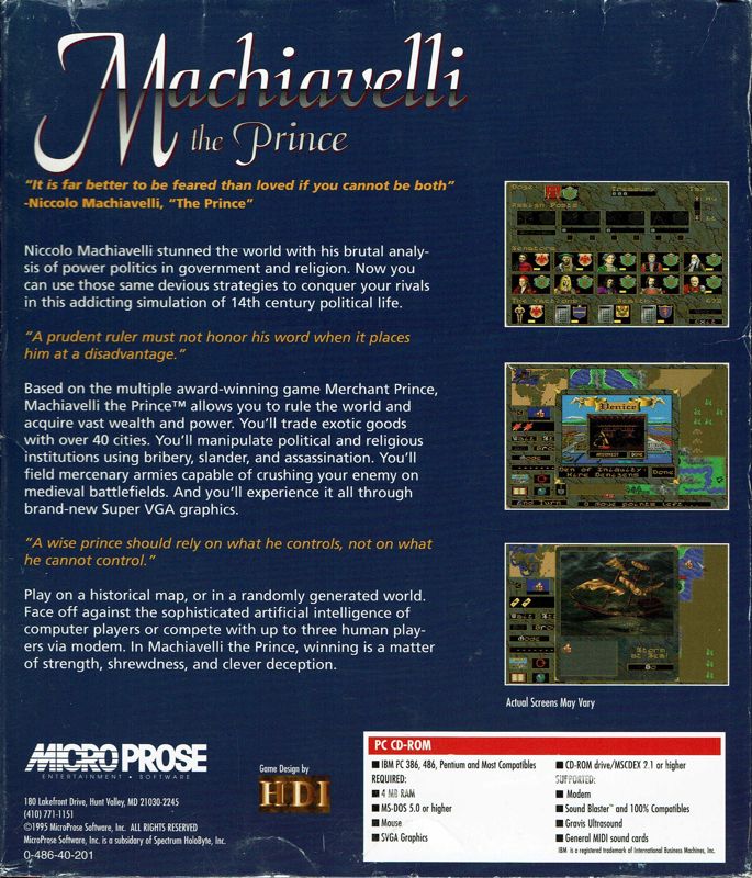 Back Cover for Machiavelli the Prince (DOS) (Classic Series release)