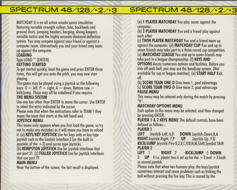 Inside Cover for Match Day II (ZX Spectrum) (Hit Squad release)