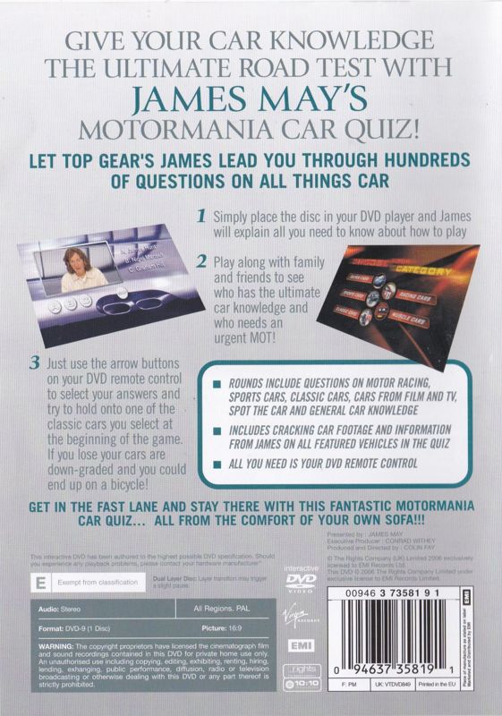 Back Cover for James May's Motormania Car Quiz (DVD Player)