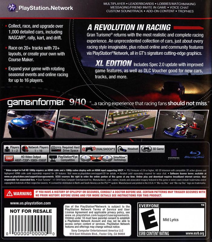 Back Cover for Gran Turismo 5: XL Edition (PlayStation 3)