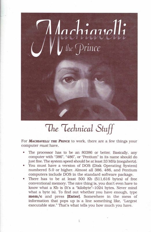Extras for Machiavelli the Prince (DOS) (Classic Series release): Technical Instructions - Front