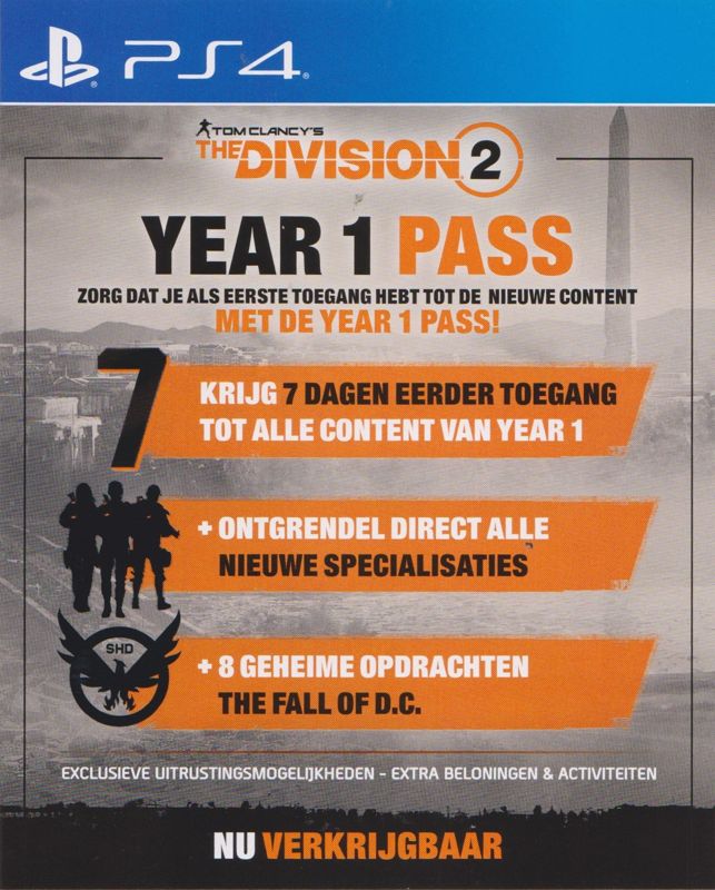 Advertisement for Tom Clancy's The Division 2 (Washington D.C. Edition) (PlayStation 4): Year 1 Pass (Dutch)
